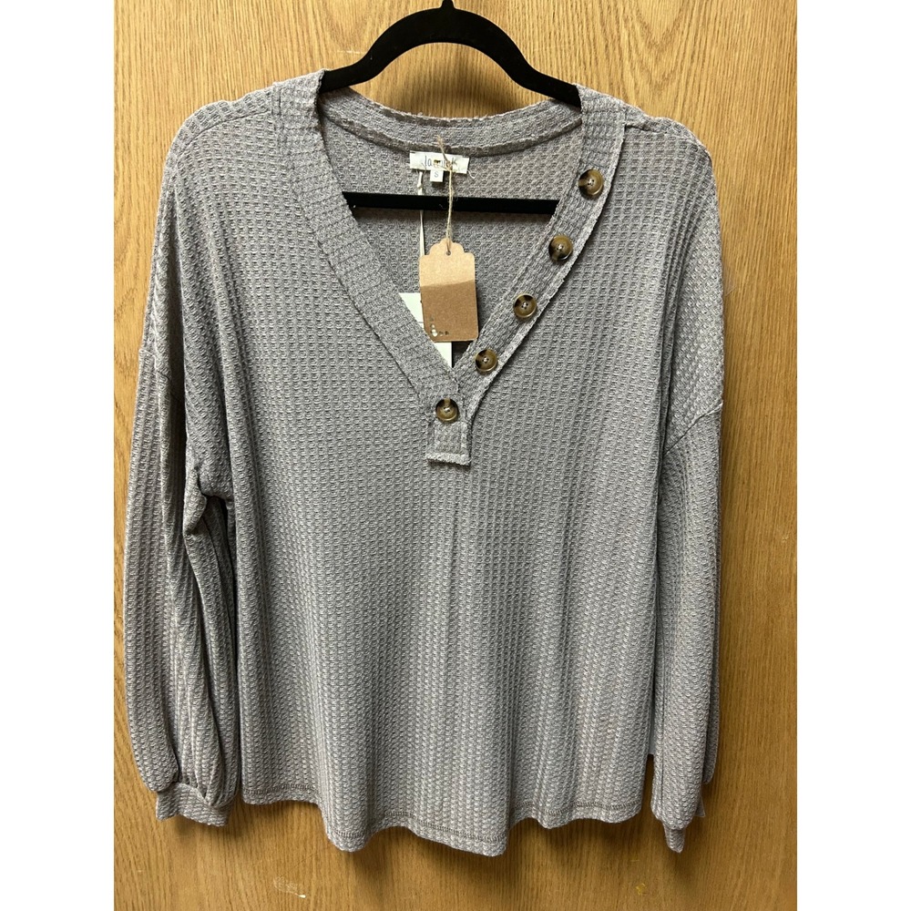 La Miel Womens Small Gray Waffle Knit Top Asym, Button V Neck Long Sleeve NWT